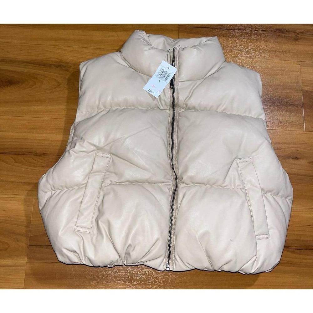 NWT Double Zero Faux Leather Crop Zip Up Drawstring Puffer Sleeveless Jacket